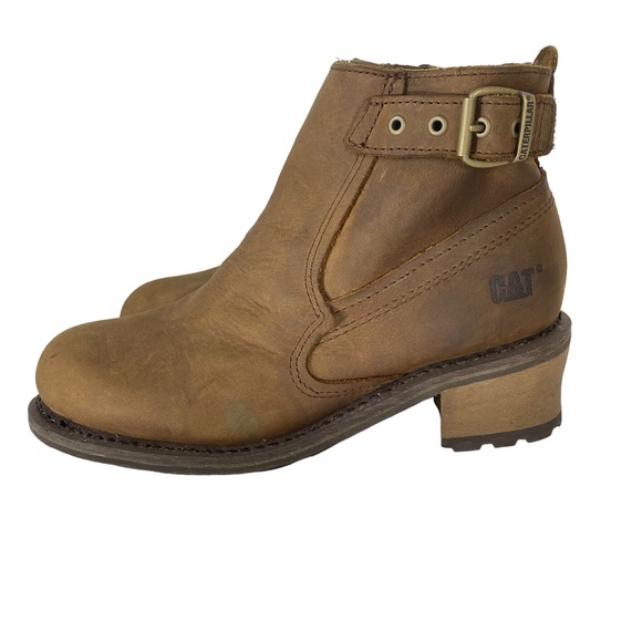 Caterpillar Brown Leather Work Boots Waterproof Moto Engineer Chunky Heel FLAW - Picture 4 of 14